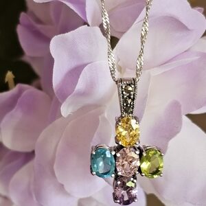 Multicolor Gemstone Cross Pendant Necklace